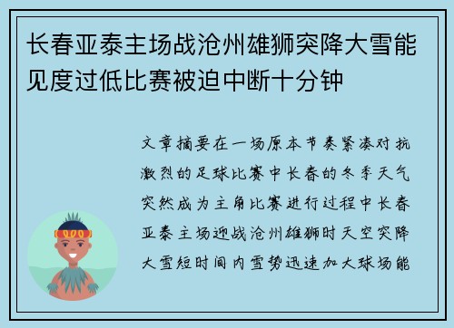 长春亚泰主场战沧州雄狮突降大雪能见度过低比赛被迫中断十分钟