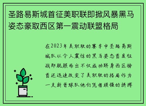 圣路易斯城首征美职联即掀风暴黑马姿态豪取西区第一震动联盟格局 圣路易斯城首征美职联即掀风暴黑马姿态豪取西区第一震动联盟格局