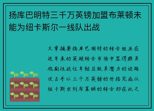扬库巴明特三千万英镑加盟布莱顿未能为纽卡斯尔一线队出战
